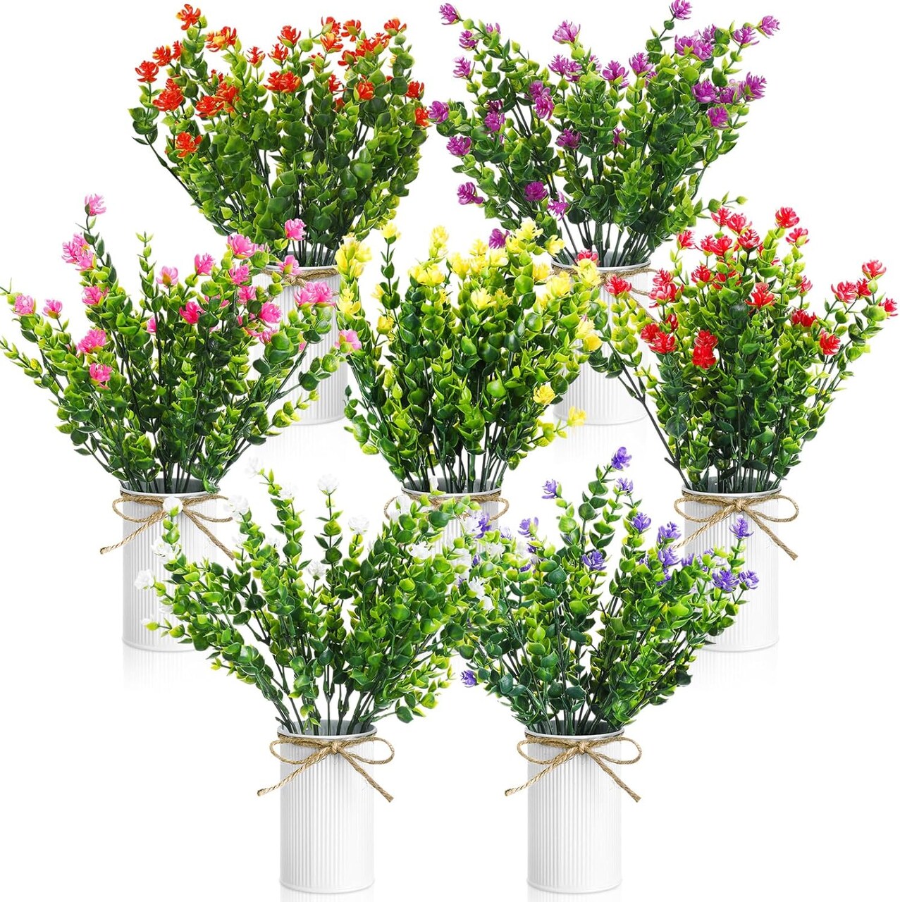 7-Set Artificial Flower Centerpieces – Colorful Faux Flowers & Eucalyptus in Metal Pots for Home & Outdoor Decor